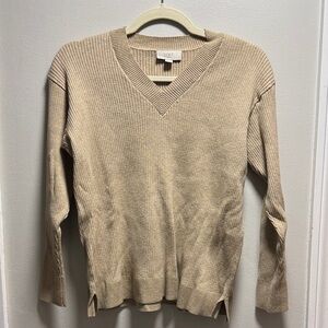 LOFT Beige Ribbed Knit V-Neck Top